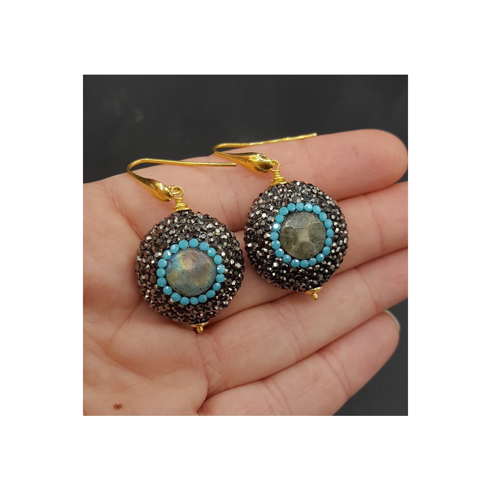 Earrings set with Labradorite black and Turquoise blue crystals