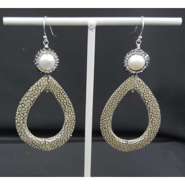 Earrings with open drop grey Roggenleer Pearl and crystals