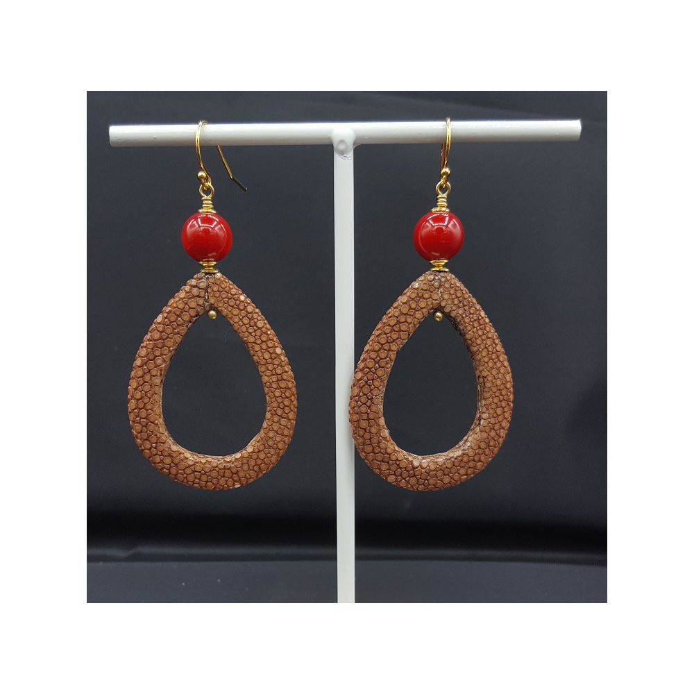 Oorbellen met open druppel bruin Roggenleer en Koraal