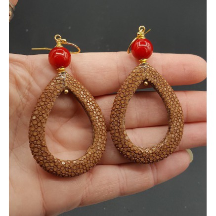 Oorbellen met open druppel bruin Roggenleer en Koraal