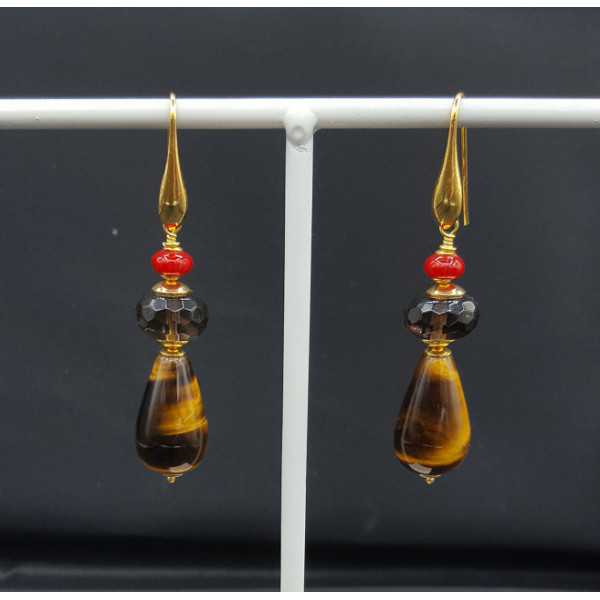 Earrings with tiger eye Coral and Smokey Topaz