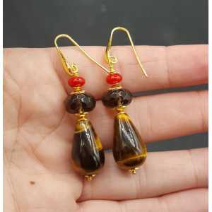 Earrings with tiger eye Coral and Smokey Topaz