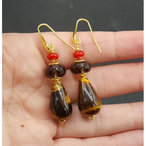 Oorbellen met Tijgeroog Koraal en Smokey Topaas