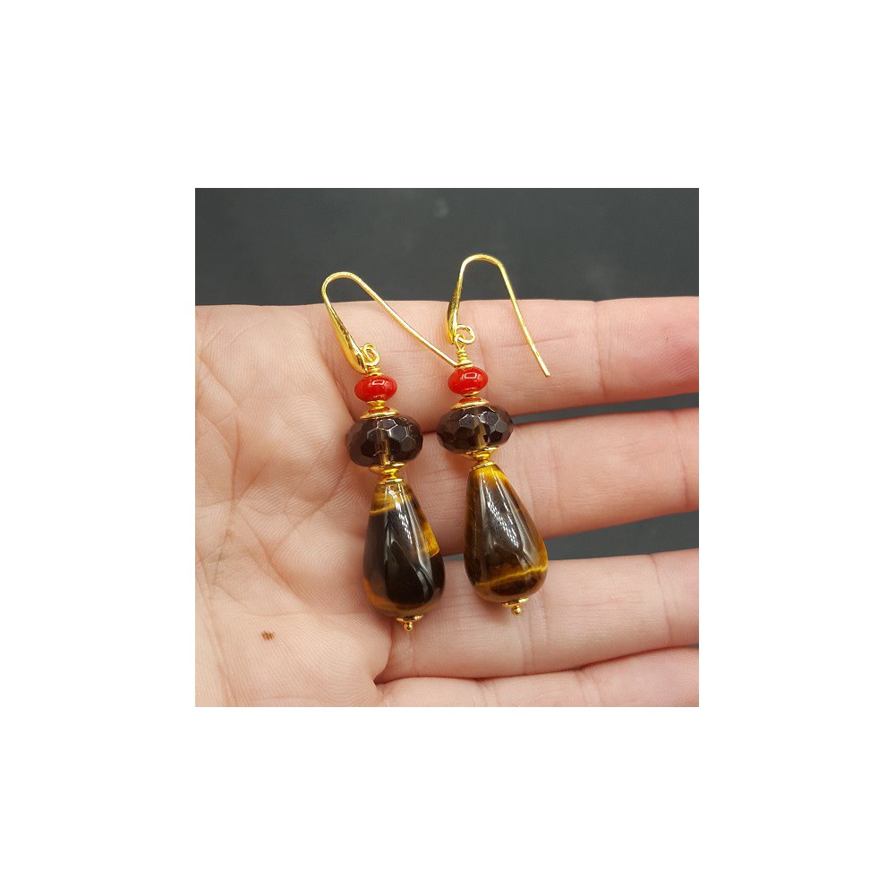 Earrings with tiger eye Coral and Smokey Topaz