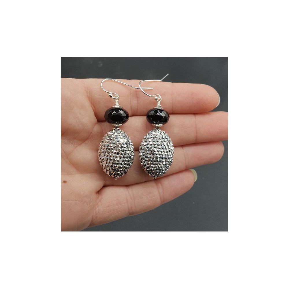 Silver earrings with black Onyx and silver crystals