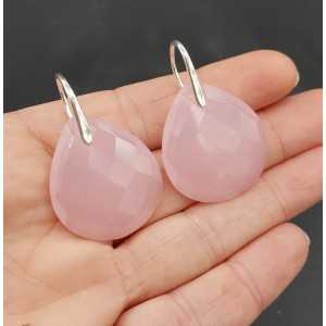 Silver earrings with large pink Chalcedony briolet