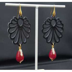 Earrings with carved black buffalo horn and red Jade