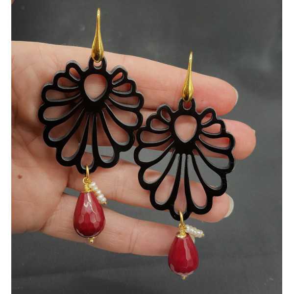 Earrings with carved black buffalo horn and red Jade