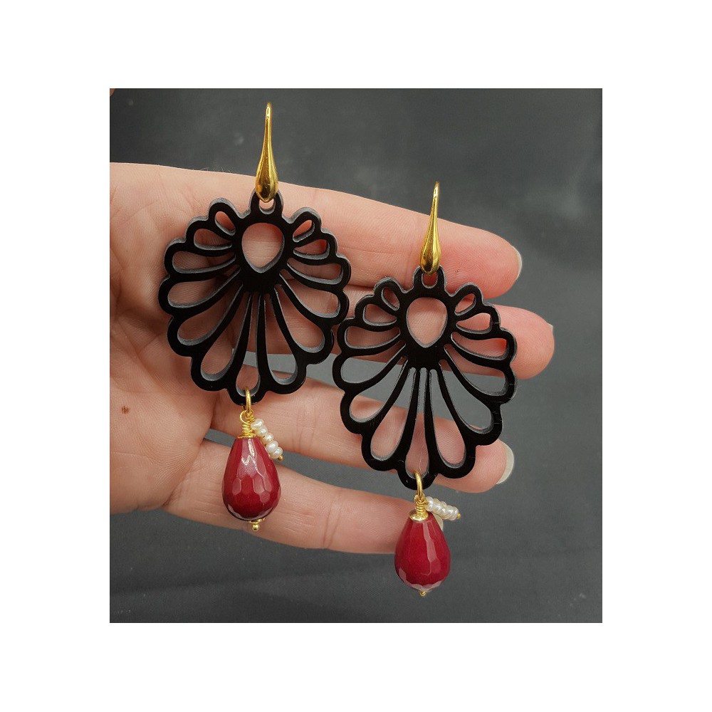 Earrings with carved black buffalo horn and red Jade