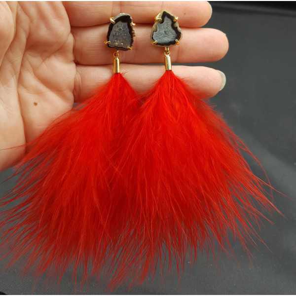 Gold plated earrings with Agate geode and red feathers