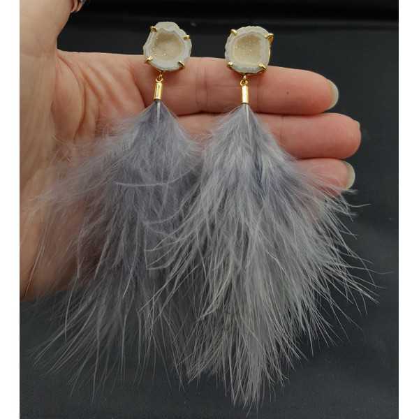 Gold plated earrings with Agate geode and gray feathers
