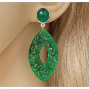 Silber Ohrringe mit geschnitzten Jade und grüner Onyx 