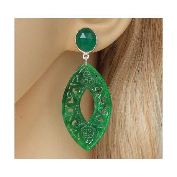 Silver earrings with carved Jade and green Onyx 