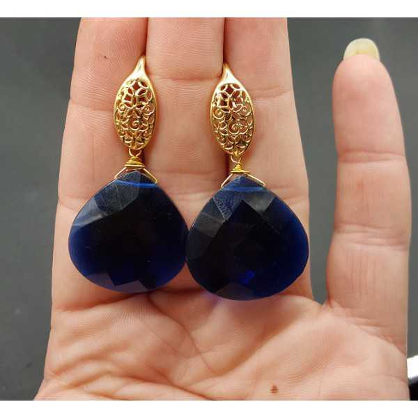 vergulde oorbellen met Saffier blauwe quartz