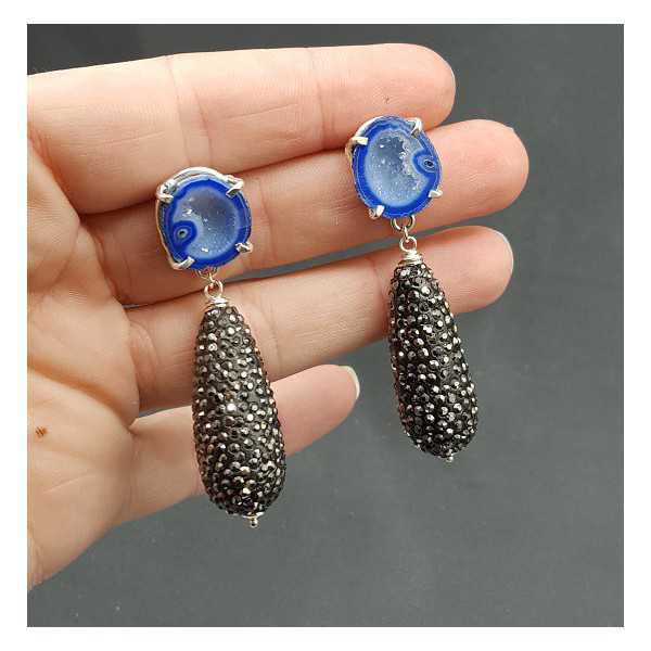 Silver earrings with Agate geode and drop crystals