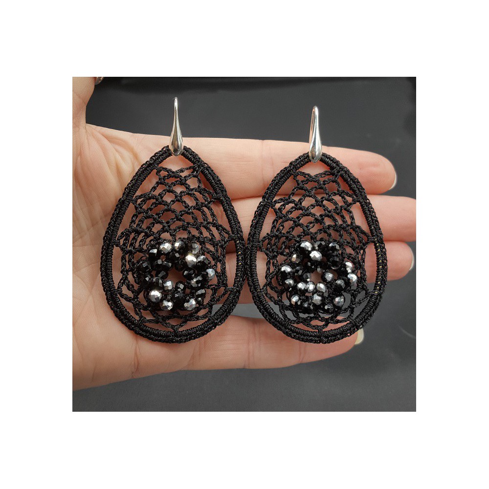 Earrings with black pendant on silk thread and crystals