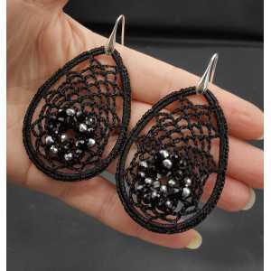 Earrings with black pendant on silk thread and crystals