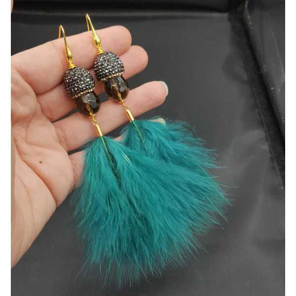 Gold plated earrings Smokey Topaz crystals and feathers