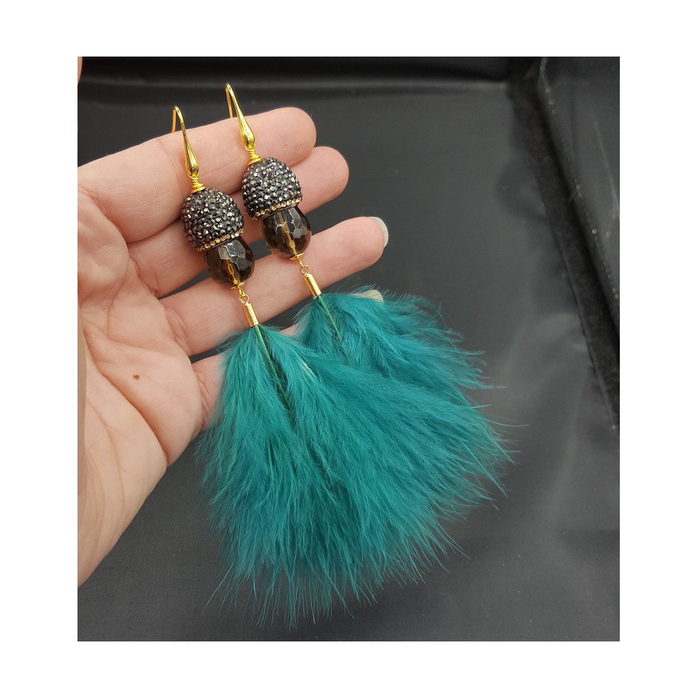 Gold plated earrings Smokey Topaz crystals and feathers