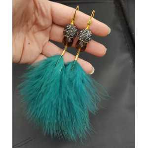 Gold plated earrings Smokey Topaz crystals and feathers
