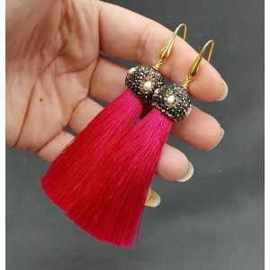 Gold plated pink tassel earrings with crystals and pearl