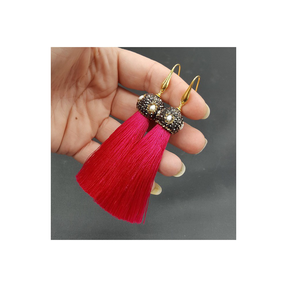 Gold plated pink tassel earrings with crystals and pearl