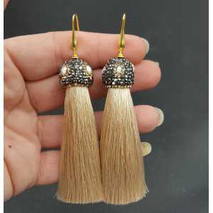Gold plated beige tassel earrings with crystals and pearl