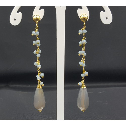 Goud vergulde oorbellen met grijze Chalcedoon en grijze Agaat