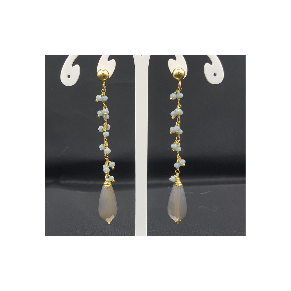 Gold plated earrings with grey Chalcedony and grey Agate