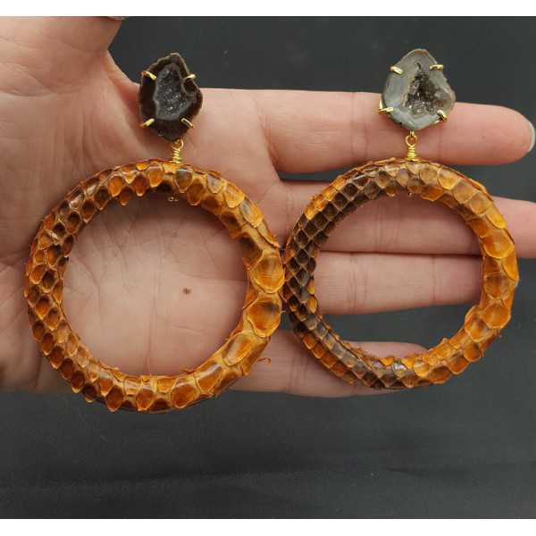 Vergoldete Ohrringe mit ring aus Schlangenhaut-Achat-geode