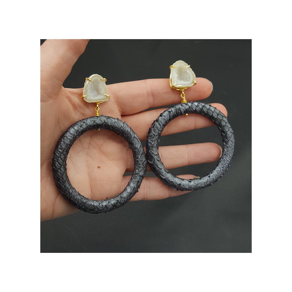 Goud vergulde oorbellen ring van Slangenleer en Agaat geode