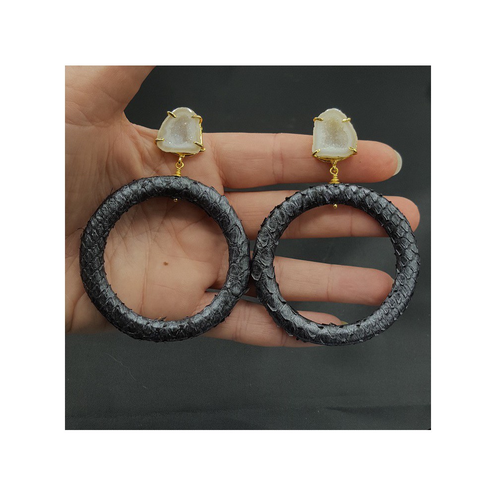 Goud vergulde oorbellen ring van Slangenleer en Agaat geode