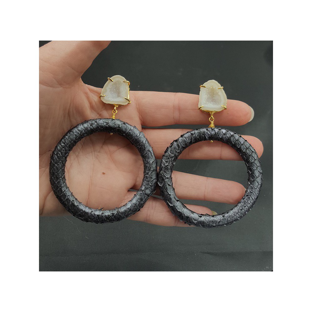 Goud vergulde oorbellen ring van Slangenleer en Agaat geode