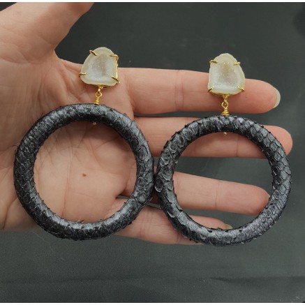 Goud vergulde oorbellen ring van Slangenleer en Agaat geode