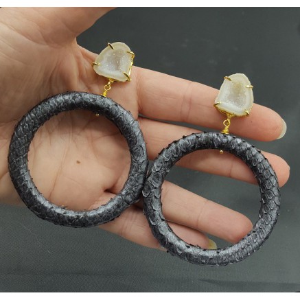 Goud vergulde oorbellen ring van Slangenleer en Agaat geode