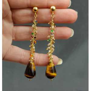 Gold plated earrings with multi stones and tiger's eye