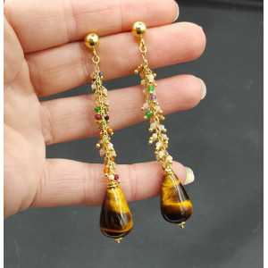 Gold plated earrings with multi stones and tiger's eye