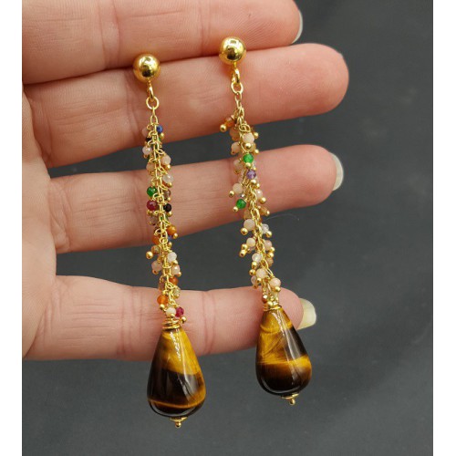 Goud vergulde oorbellen met multi steentjes en Tijgeroog