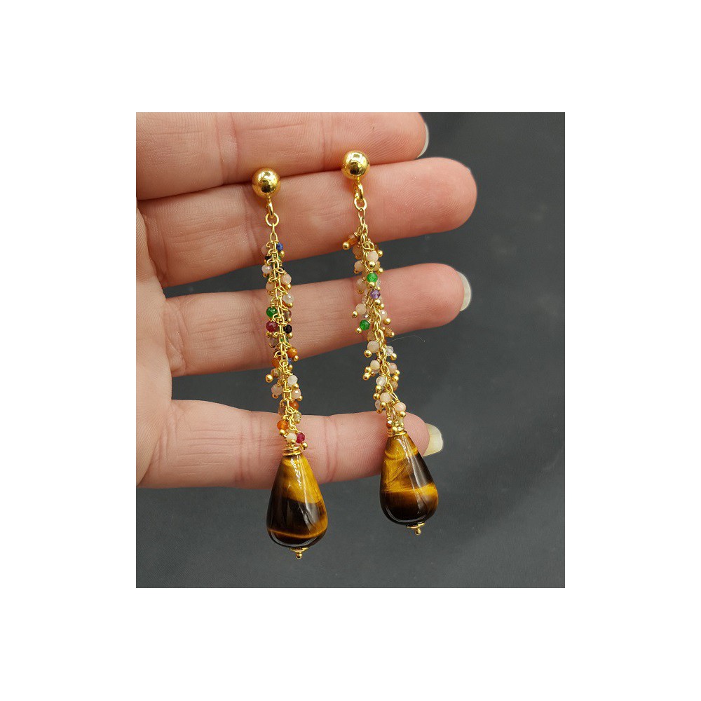 Gold plated earrings with multi stones and tiger's eye