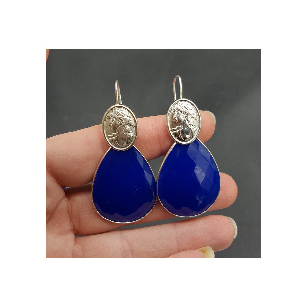 Silver earrings with large cobalt blue Chalcedony and Cameo