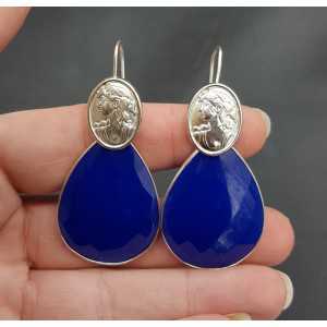 Silver earrings with large cobalt blue Chalcedony and Cameo