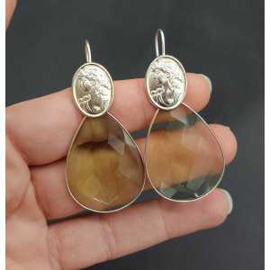 Silver earrings with large green Amethyst quartz and Cameo