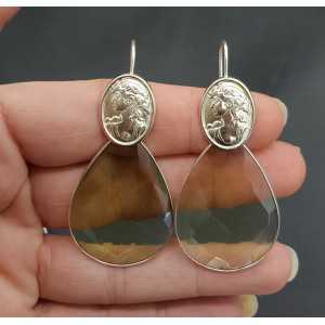 Silver earrings with large green Amethyst quartz and Cameo