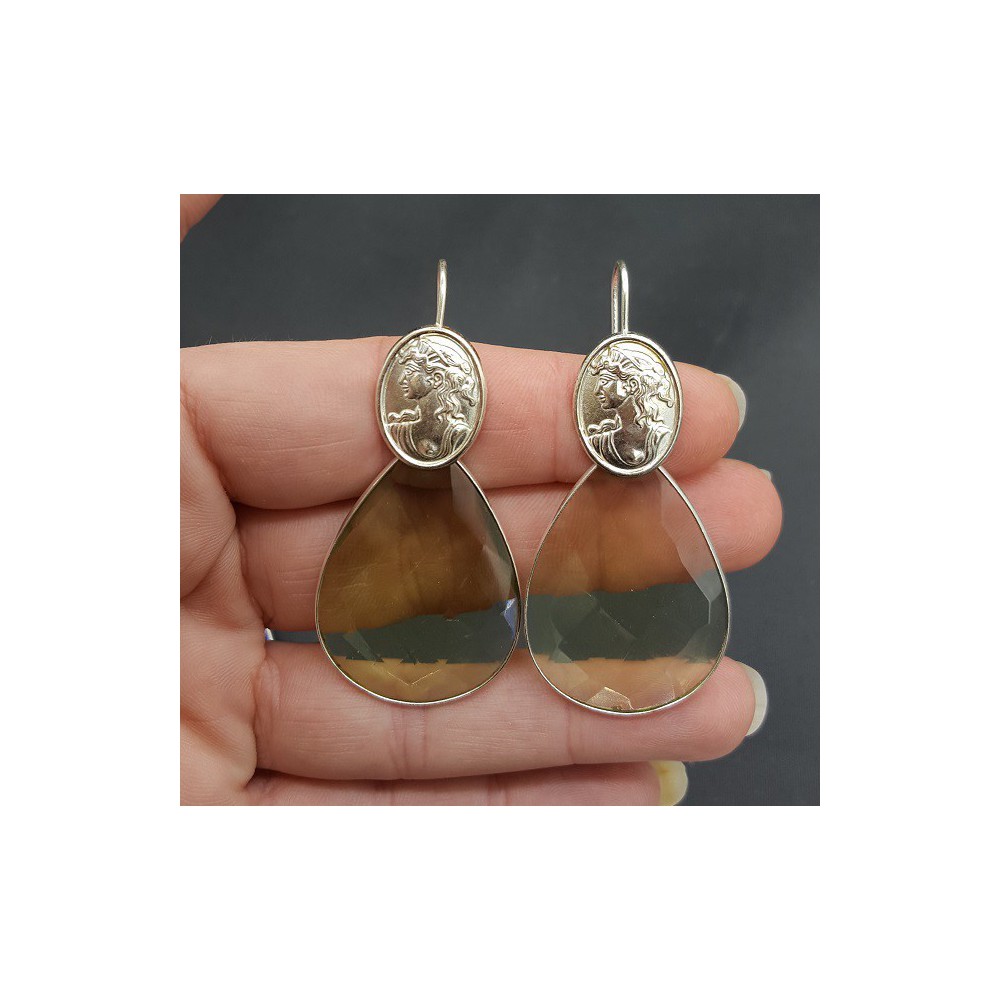 Silver earrings with large green Amethyst quartz and Cameo