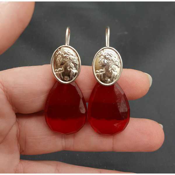 Silber Ohrringe mit Granat und rotem Quarz und cameo