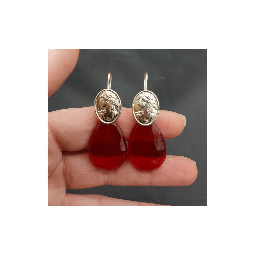 Silver earrings with Garnet and red quartz and cameo