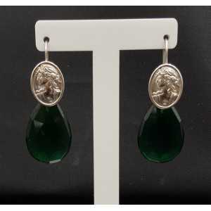 Silver earrings with Emerald green quartz and cameo