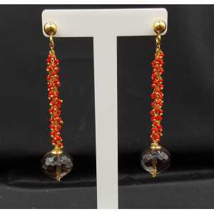 Gold plated earrings with red beads and Smokey Topaz