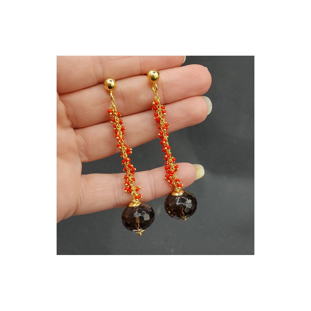 Gold plated earrings with red beads and Smokey Topaz