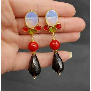 Gold plated earrings Opaliet Coral and Smokey Topaz